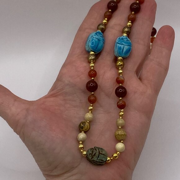 Carnelian Jasper Aqua Scarab Vintage Handmade Beaded Necklace J699 - Picture 8 of 11